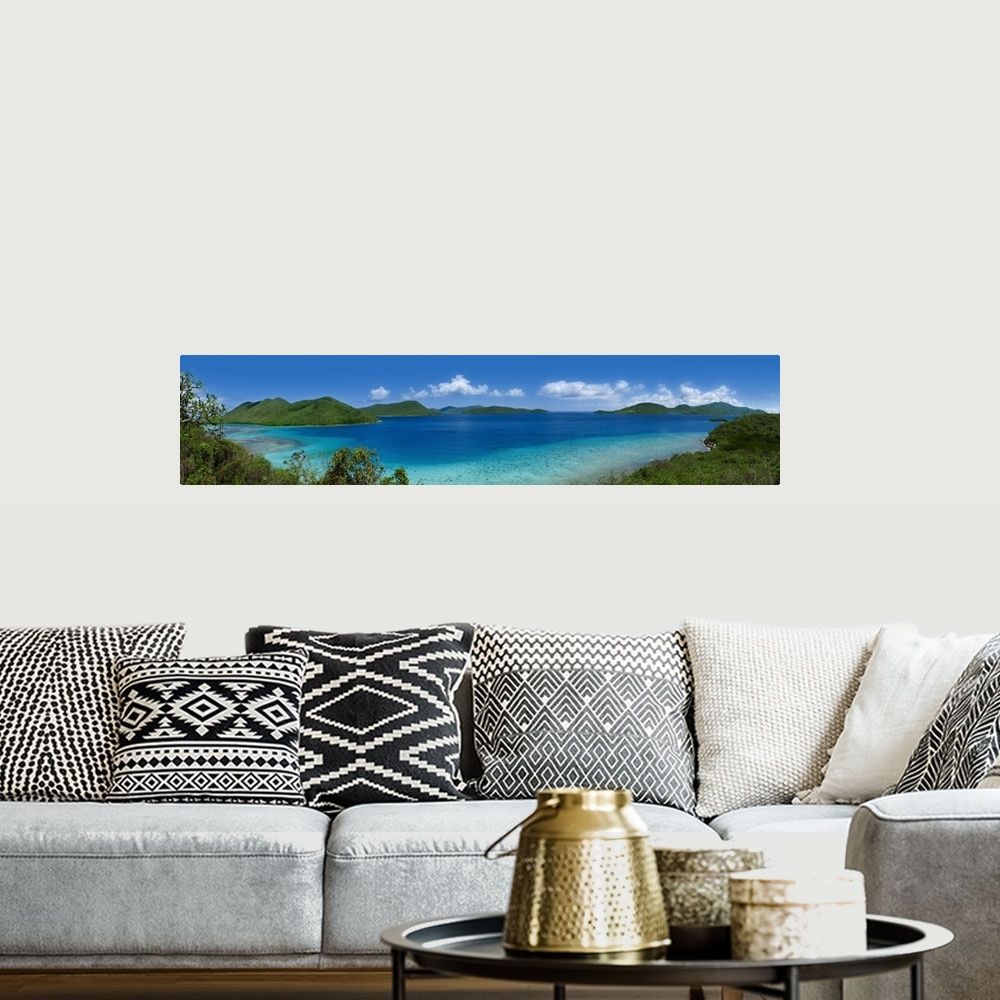 A bohemian room featuring Panoramic of the Leinster Bay in the US Virgin Islands on a bright, sunny day.