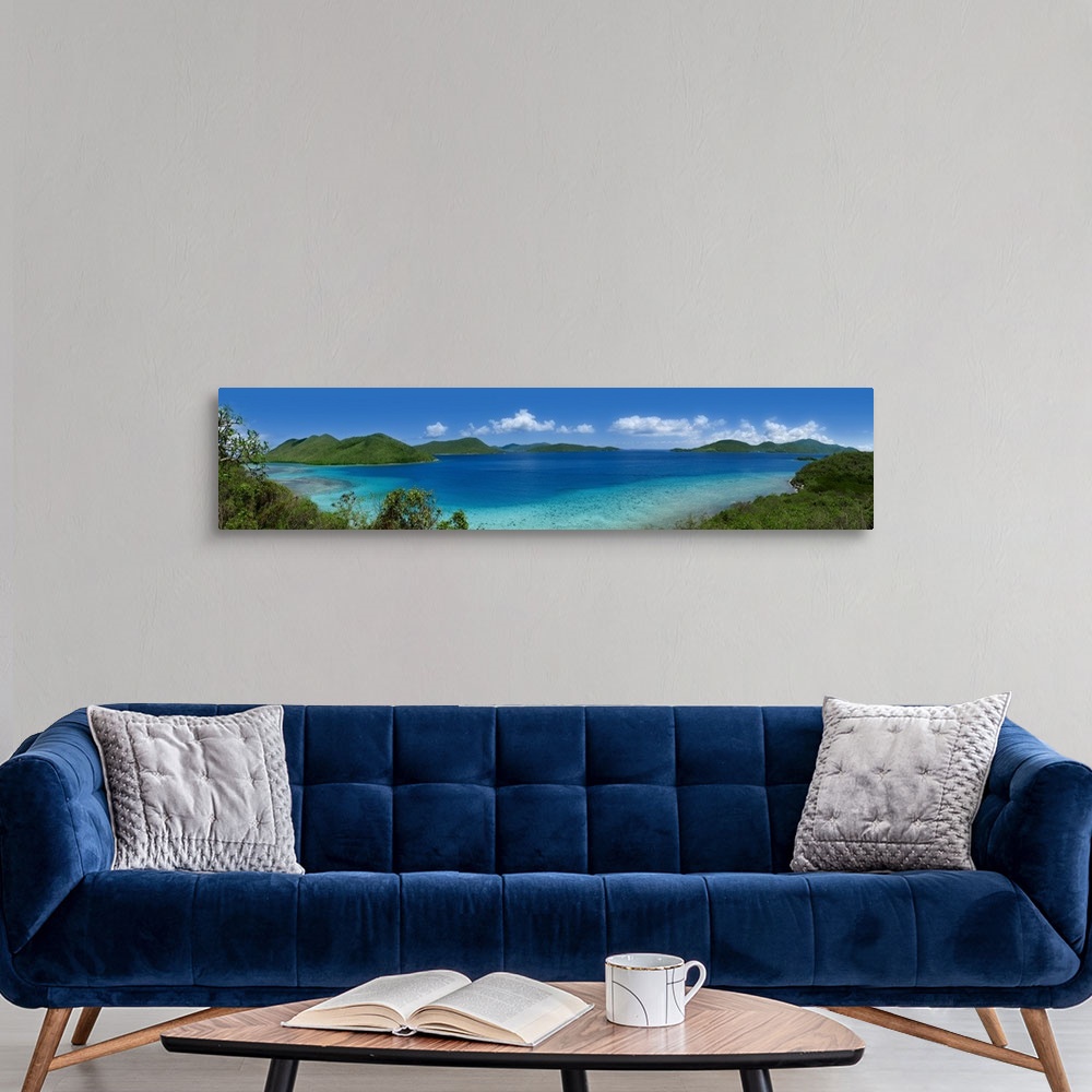 A modern room featuring Panoramic of the Leinster Bay in the US Virgin Islands on a bright, sunny day.