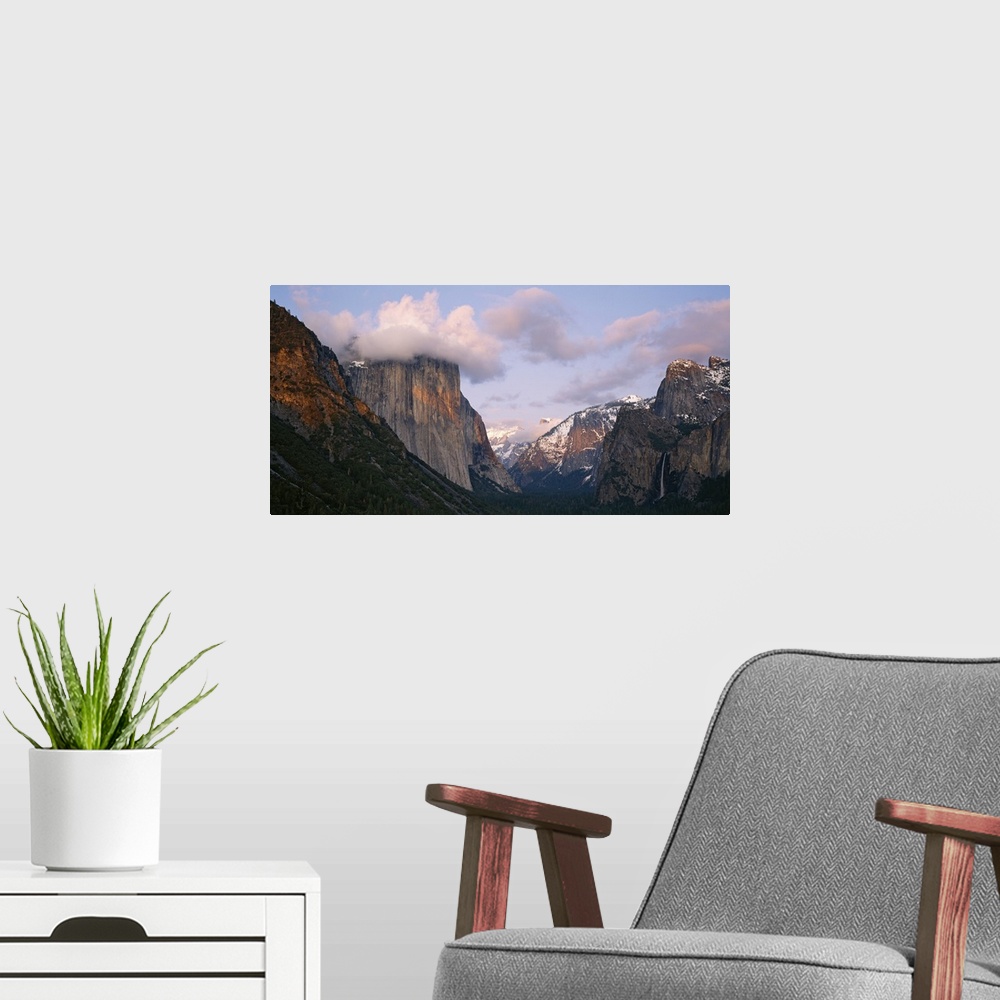 A modern room featuring Clouds over mountains, Yosemite National Park, California