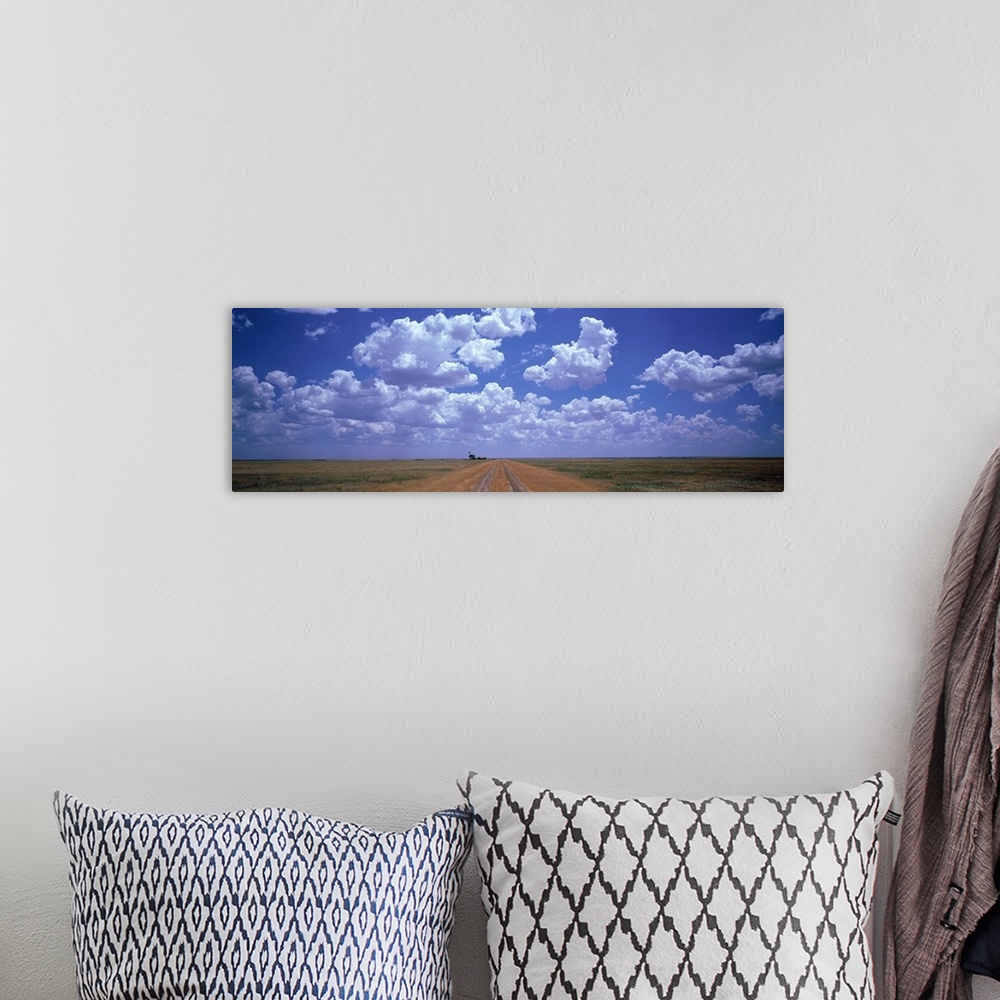 A bohemian room featuring Panoramic photograph taken at the end of a dirt road with flat fields on both sides and large clo...