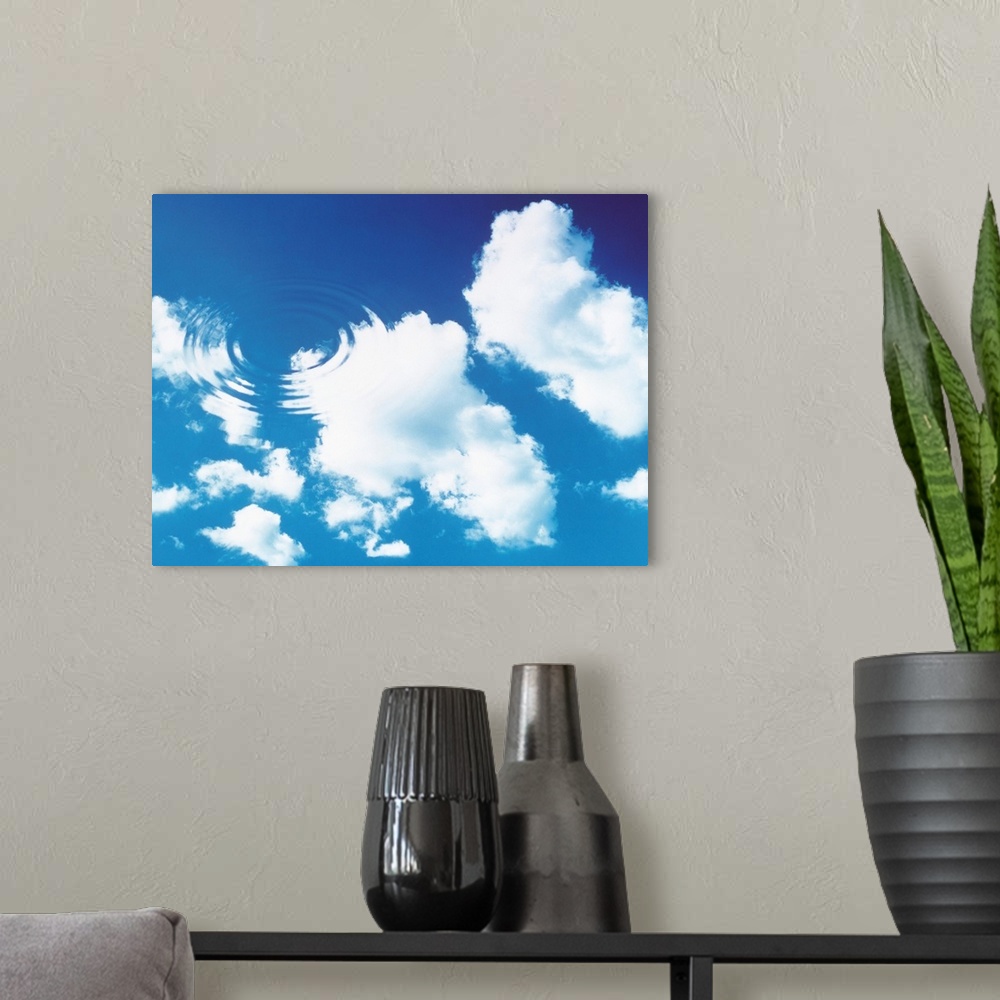 A modern room featuring Cloudy blue sky with water ripples