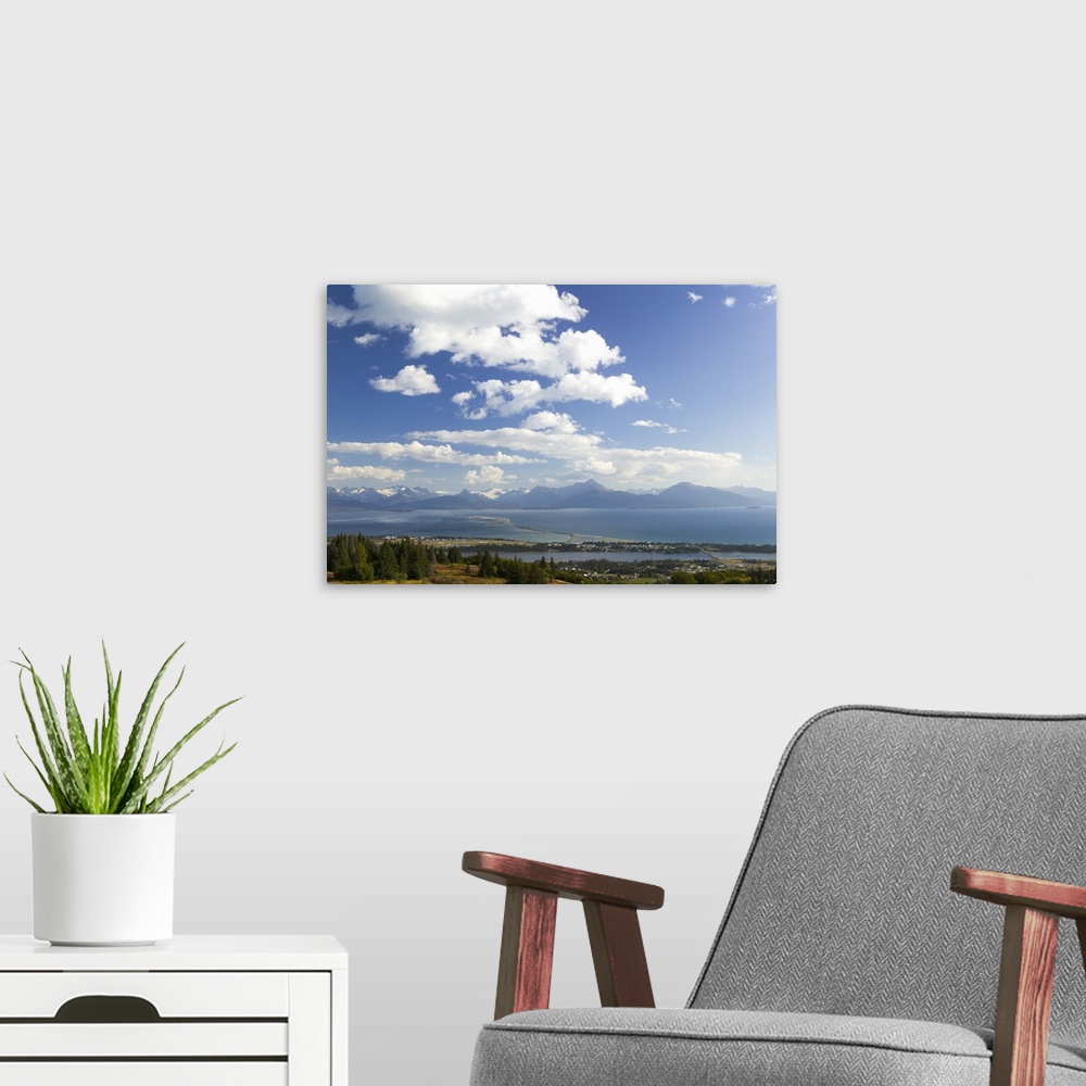 A modern room featuring Cloudy sky over mountains, Kenai Mountains, Kachemak Bay, Kenai Peninsula, Homer, Alaska
