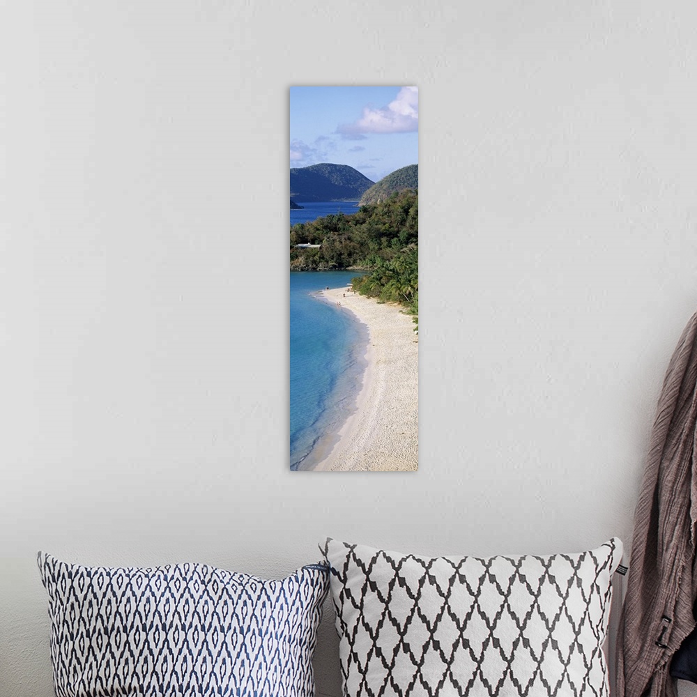 A bohemian room featuring A tall narrow photograph of a sandy beach lined with palm trees and more islands in the background.