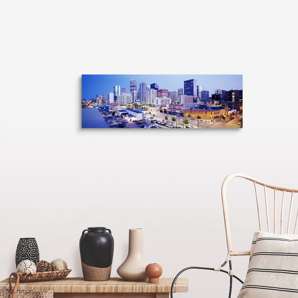 A farmhouse room featuring Panoramic view of a vibrant downtown Denver on canvas.