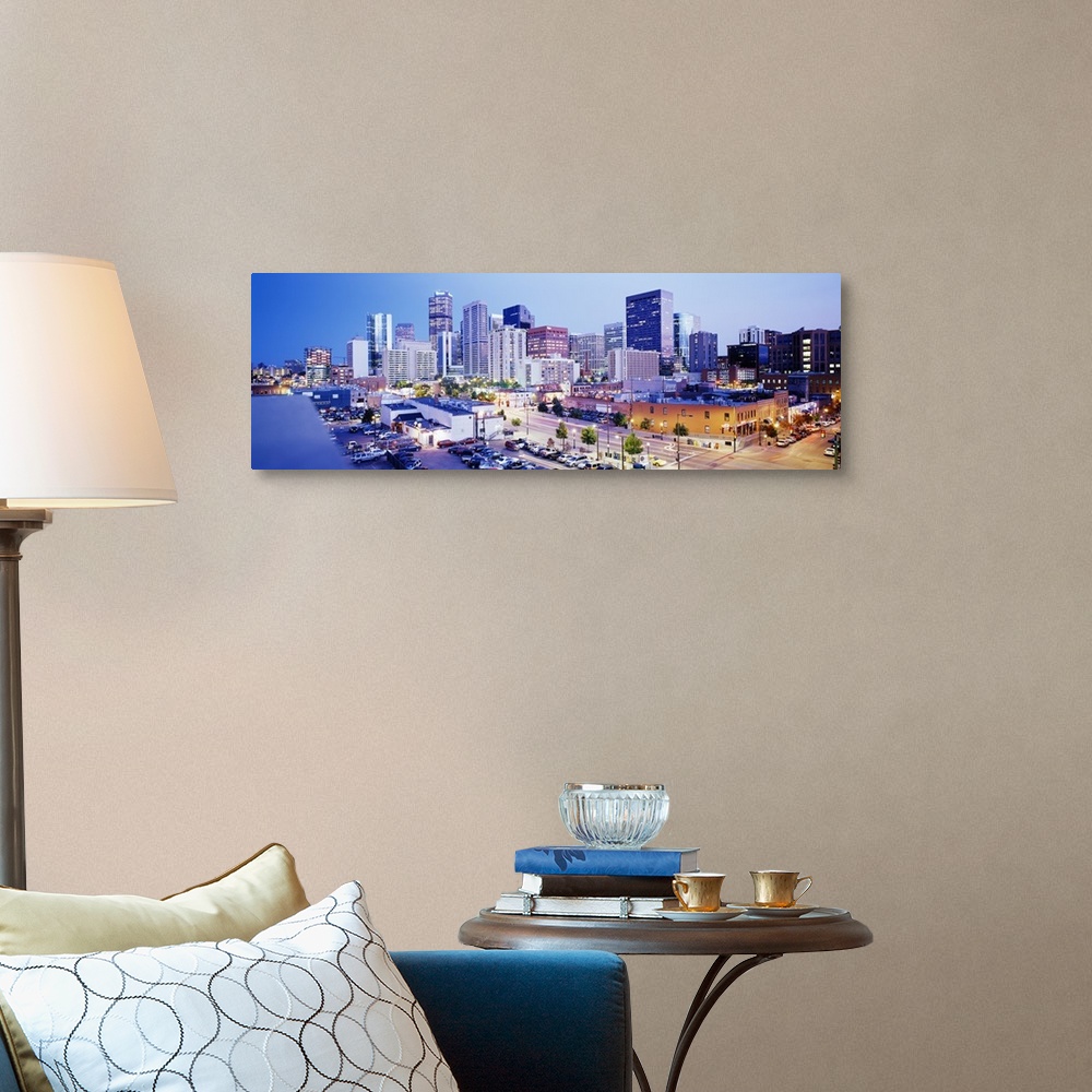 A traditional room featuring Panoramic view of a vibrant downtown Denver on canvas.