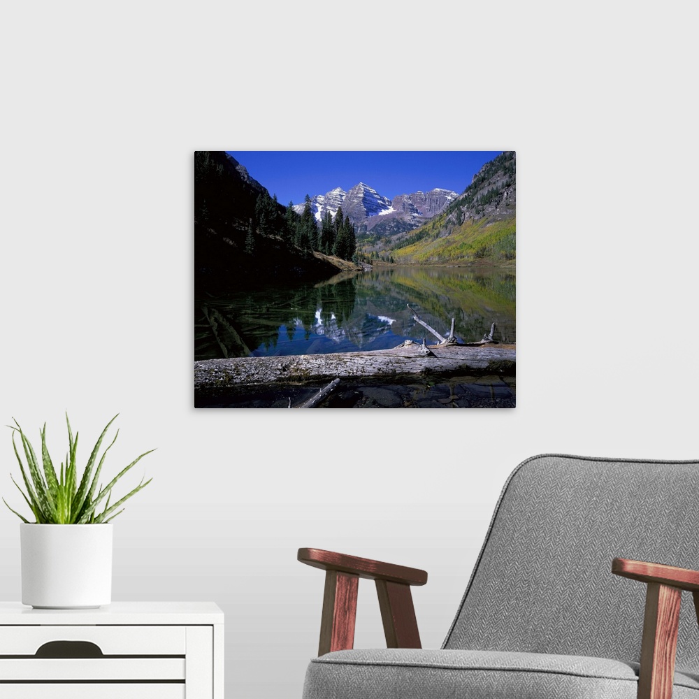 A modern room featuring Giant photograph of Maroon Bells, Colorado (CO) on a sunny day with a fallen tree trunk and lake ...