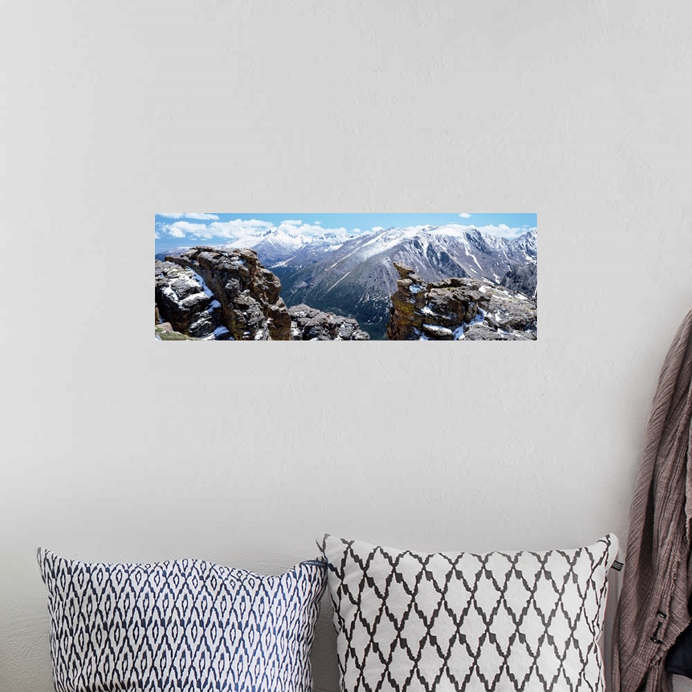 A bohemian room featuring Huge panoramic photograph of the Rocky Mountain National Park in Colorado (CO) on a sunny day. Sn...
