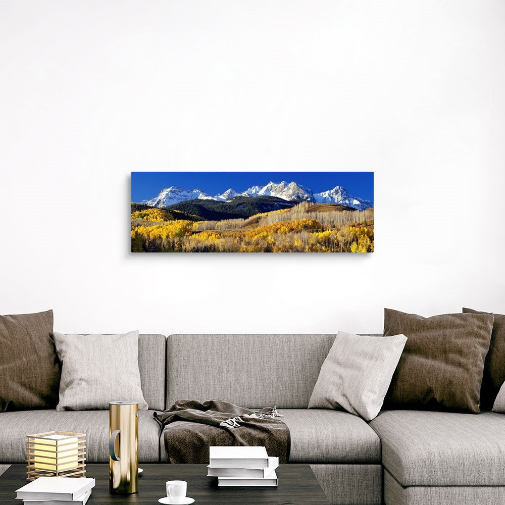 A traditional room featuring A panoramic photograph taken of the Rocky Mountains in Colorado.  The bright trees in the foregro...