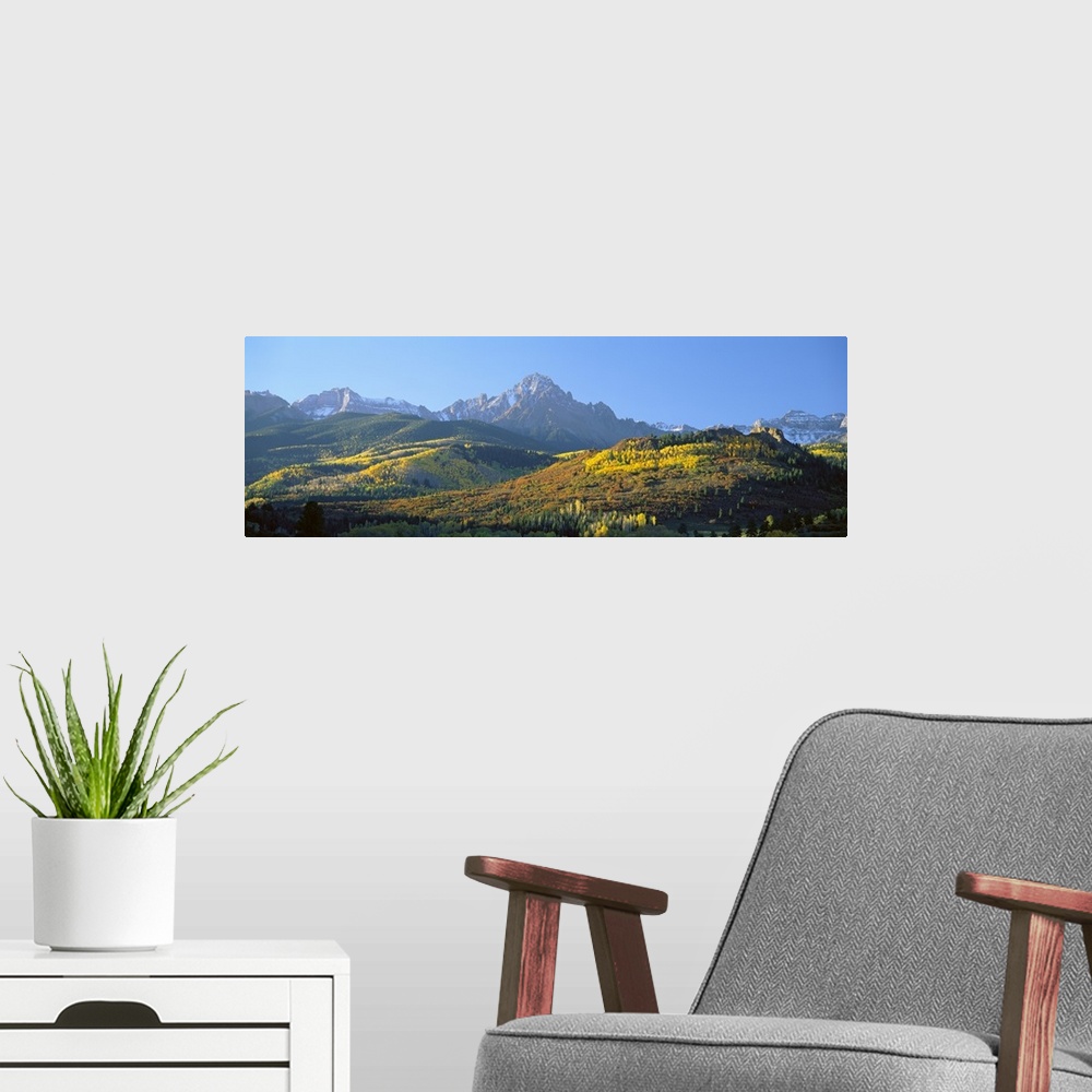 A modern room featuring Panoramic photo on canvas of autumn colored trees on rolling hills in front of rugged mountains.