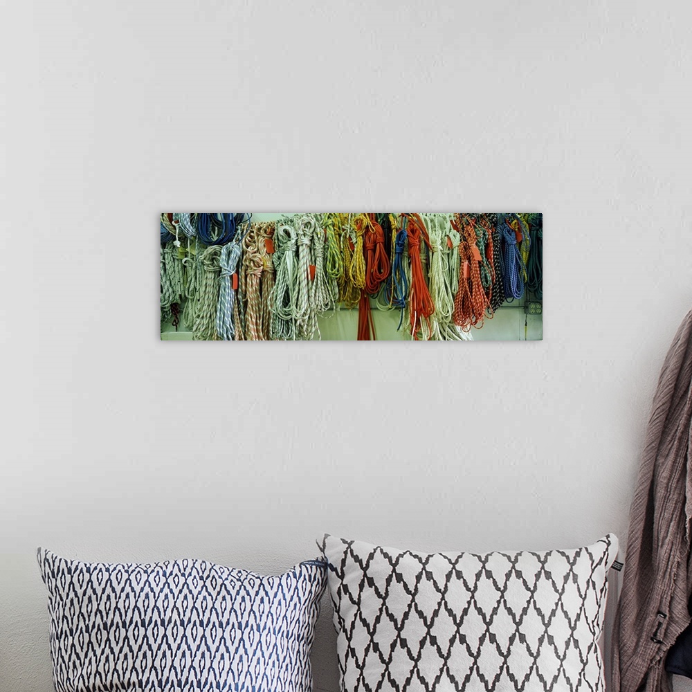 A bohemian room featuring Panoramic photograph of striped ropes hanging in a row.