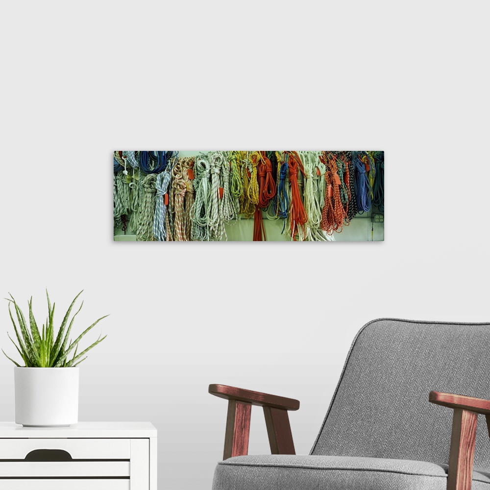 A modern room featuring Panoramic photograph of striped ropes hanging in a row.