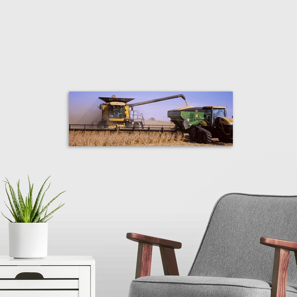 A modern room featuring Combine harvesting soybeans in a field, Minnesota