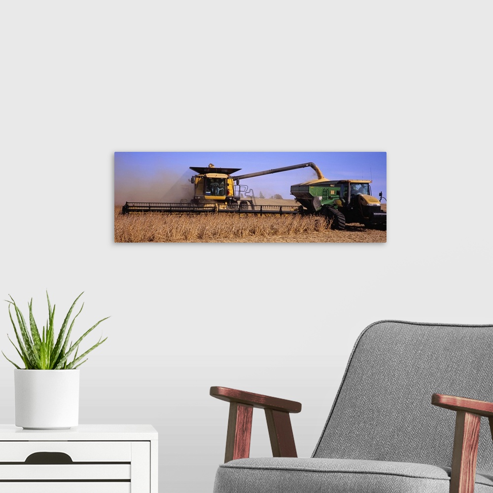 A modern room featuring Combine harvesting soybeans in a field, Minnesota