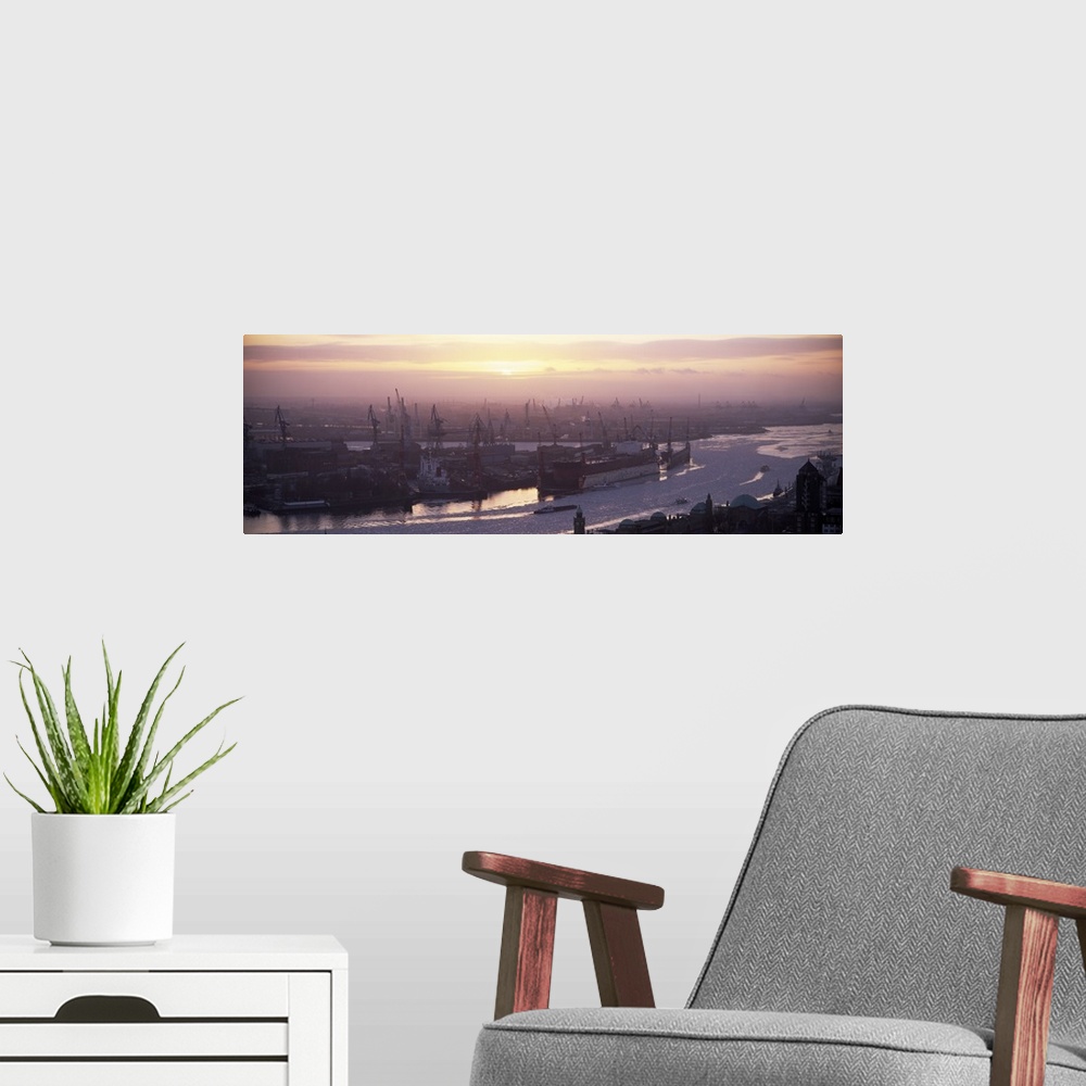 A modern room featuring Container ships in the river, Elbe River, Landungsbrucken, Hamburg Harbour, Hamburg, Germany