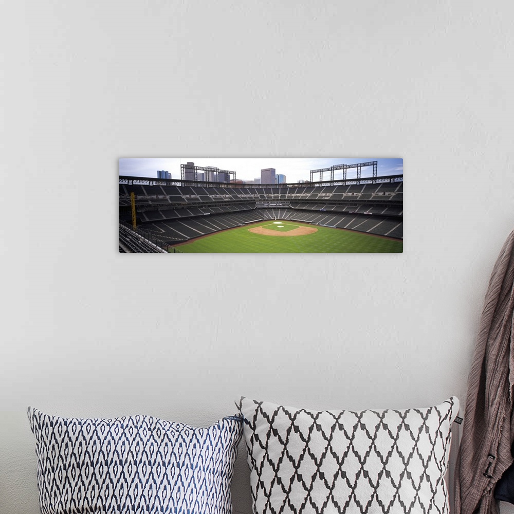 A bohemian room featuring Panoramic, aerial photograph of Coors Baseball Field in Denver, Colorado.  A view of home plate s...