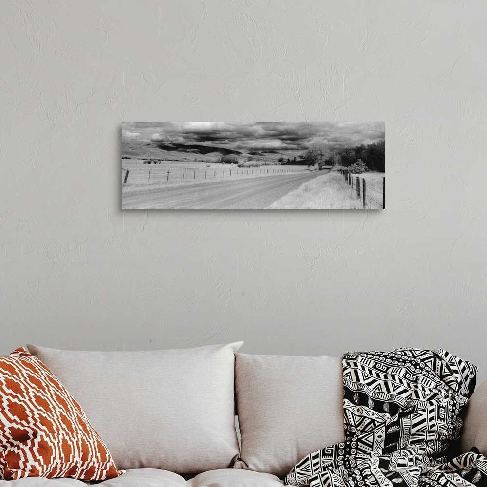 A bohemian room featuring This black and white panoramic photograph is of a long dirt road that is lined on either side by ...