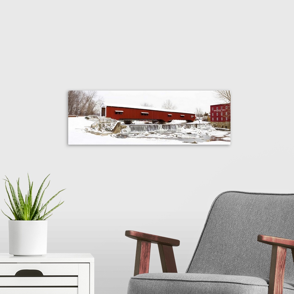 A modern room featuring Covered bridge and mill in winter, Bridgeton Bridge Arson, Parke County, Indiana