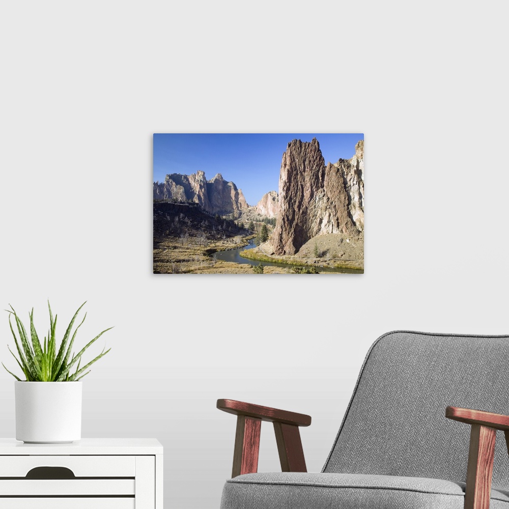 A modern room featuring Crooked River winding below rock spires, Smith Rock State Park, Oregon