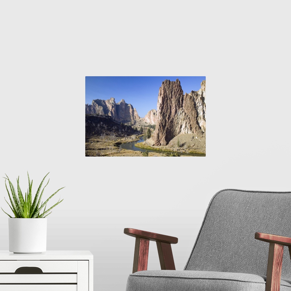 A modern room featuring Crooked River winding below rock spires, Smith Rock State Park, Oregon