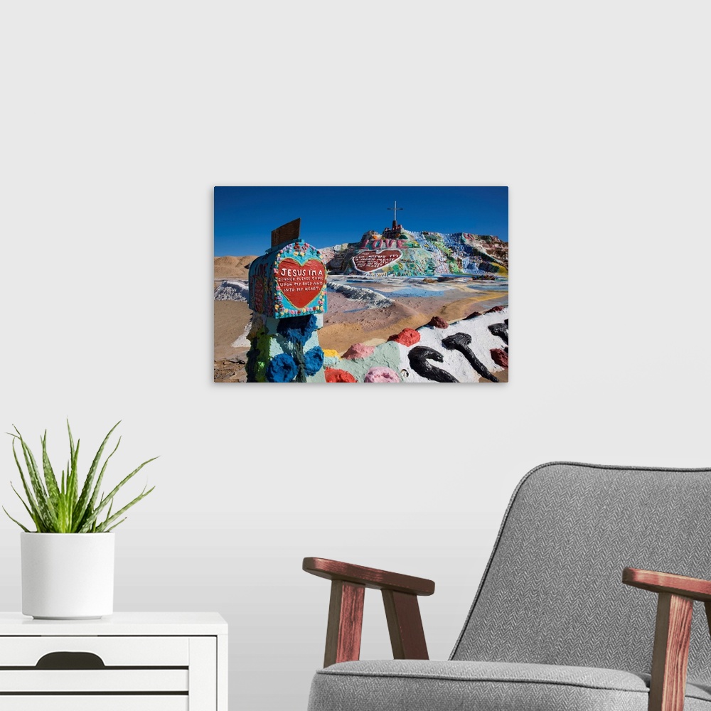 A modern room featuring USA, California, Niland, Salvation Mountain, religious art project