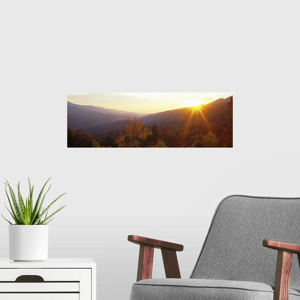 A modern room featuring This decorative wall art is a panoramic photograph of the Appalachian Mountains in Kentucky at su...