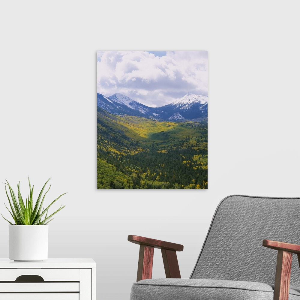 A modern room featuring Cumulus clouds over snowcapped mountains, Lockett Meadow, Kachina Peaks Wilderness, Coconino Nati...