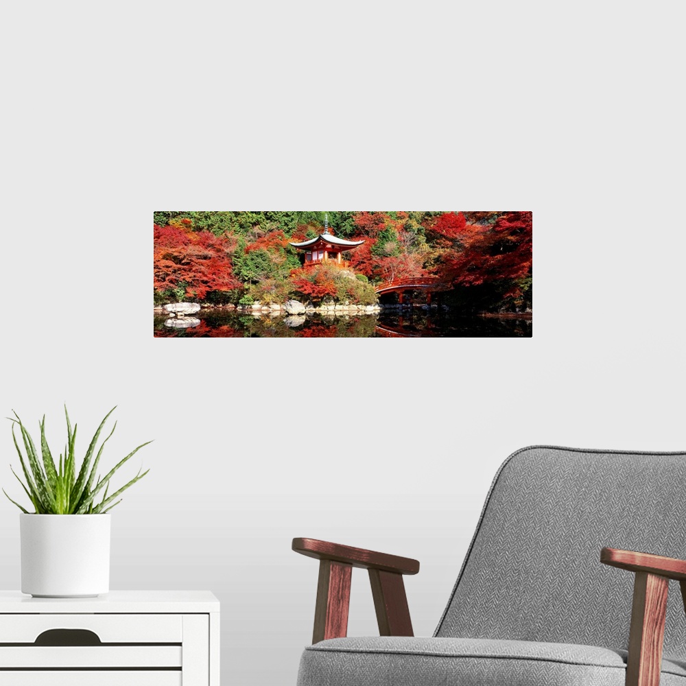 A modern room featuring Panoramic photograph of ancient Asian sanctuary on waterway surrounded by forest.