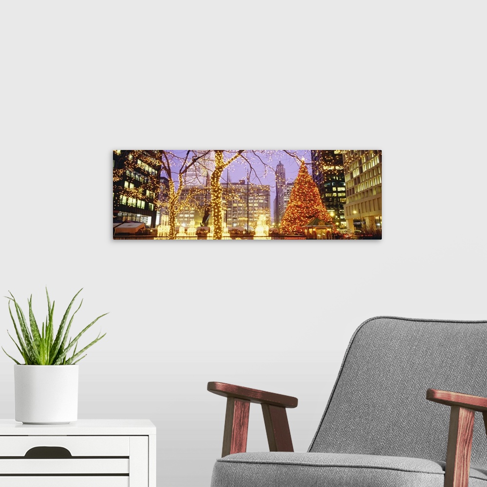 A modern room featuring Panoramic photograph of Daley Plaza decked out with Christmas lights in the trees and a large Chr...