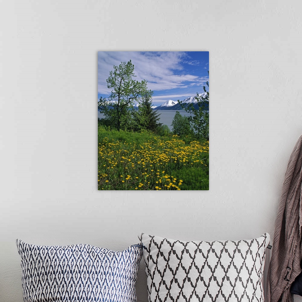 A bohemian room featuring Big, vertical photograph of trees and a field of dandelion flowers along the shore of Turnagain A...