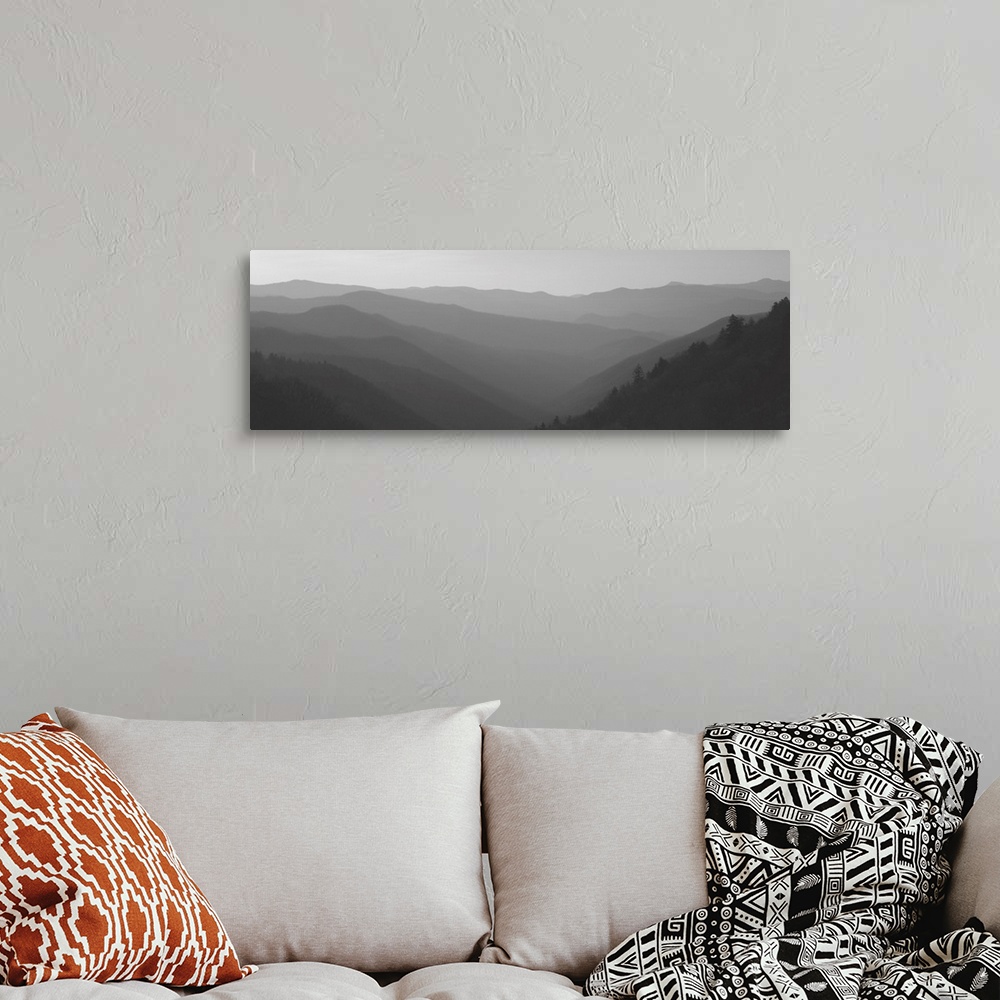A bohemian room featuring Wide angle photograph of a misty mountain landscape as the sun rises over the Great Smoky Mountai...