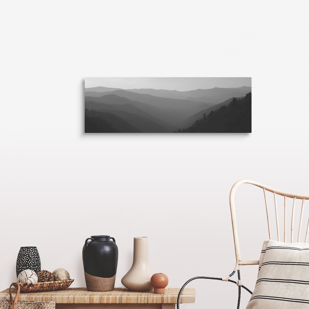 A farmhouse room featuring Wide angle photograph of a misty mountain landscape as the sun rises over the Great Smoky Mountai...