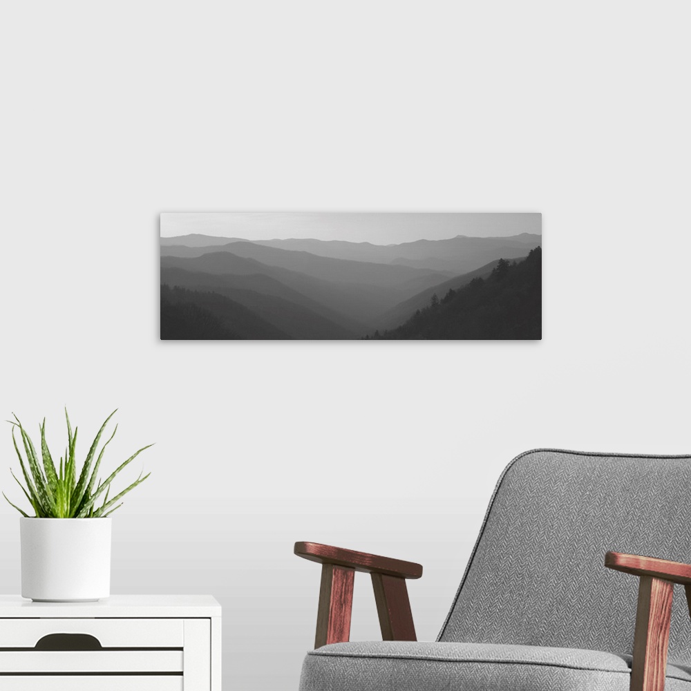 A modern room featuring Wide angle photograph of a misty mountain landscape as the sun rises over the Great Smoky Mountai...