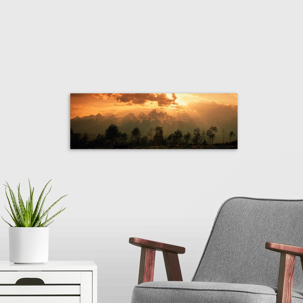 A modern room featuring A large panoramic picture of snow topped mountains during a sunset pushed back behind trees and f...