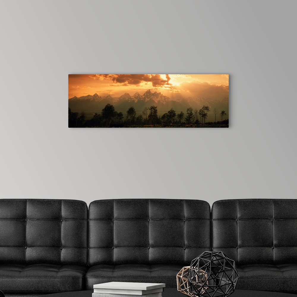 A modern room featuring A large panoramic picture of snow topped mountains during a sunset pushed back behind trees and f...