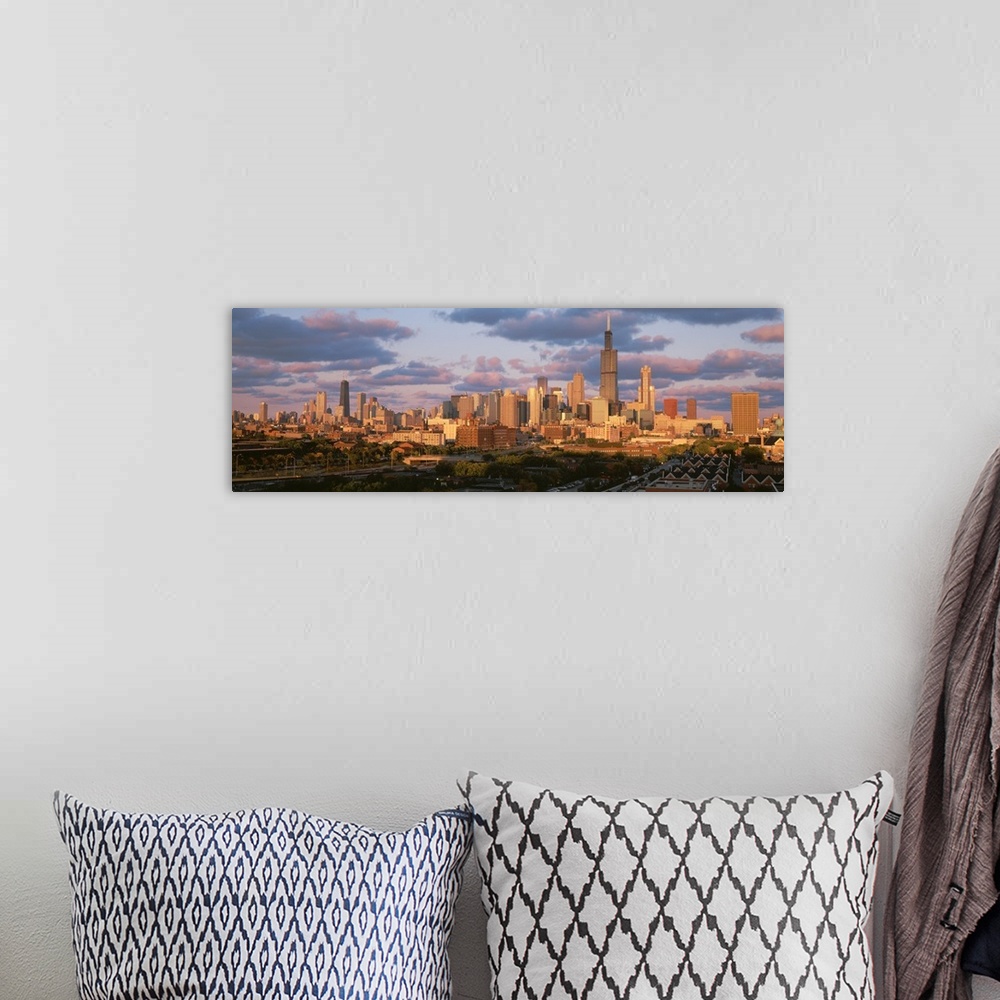 A bohemian room featuring Panoramic photograph of the Chicago Skyline as sunset in Chicago, Illinois.