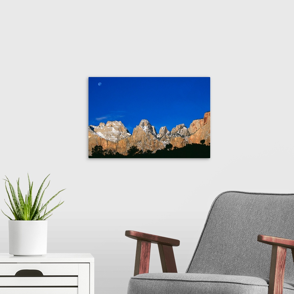 A modern room featuring Daytime moon over sandstone ridges, Zion National Park, Utah