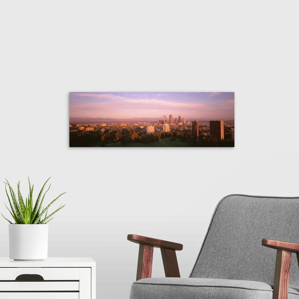 A modern room featuring Denver, Colorado panoramic of cityscape in autumn.