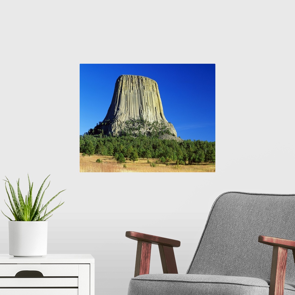 A modern room featuring Devils Tower, blue sky, Devils Tower National Monument, Wyoming