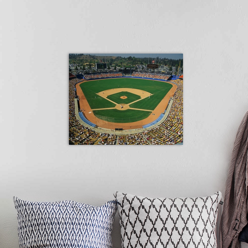 A bohemian room featuring Landscape, aerial photograph of the stands packed at Dodger Stadium during a baseball game.