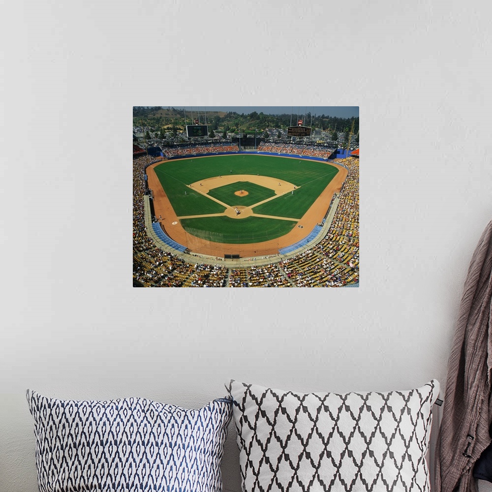 A bohemian room featuring Landscape, aerial photograph of the stands packed at Dodger Stadium during a baseball game.