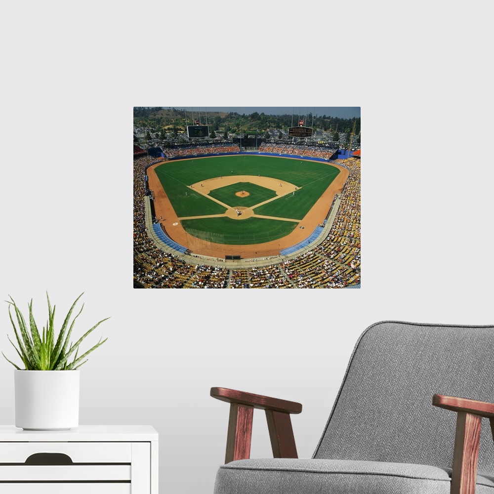 A modern room featuring Landscape, aerial photograph of the stands packed at Dodger Stadium during a baseball game.