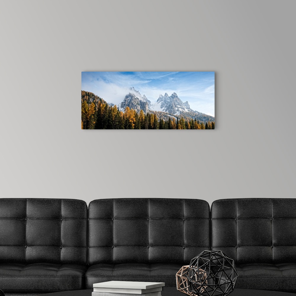 A modern room featuring Dolomite Mountains in fall, Toblach, Alto Adige, Italy