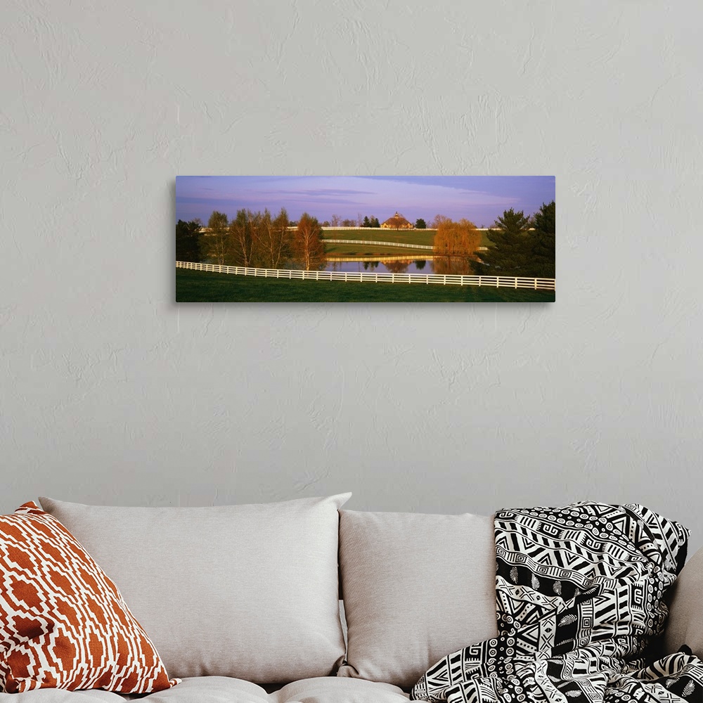 A bohemian room featuring Panoramic photograph of a horse farm and pond in Kentucky available as wall art for the home or o...