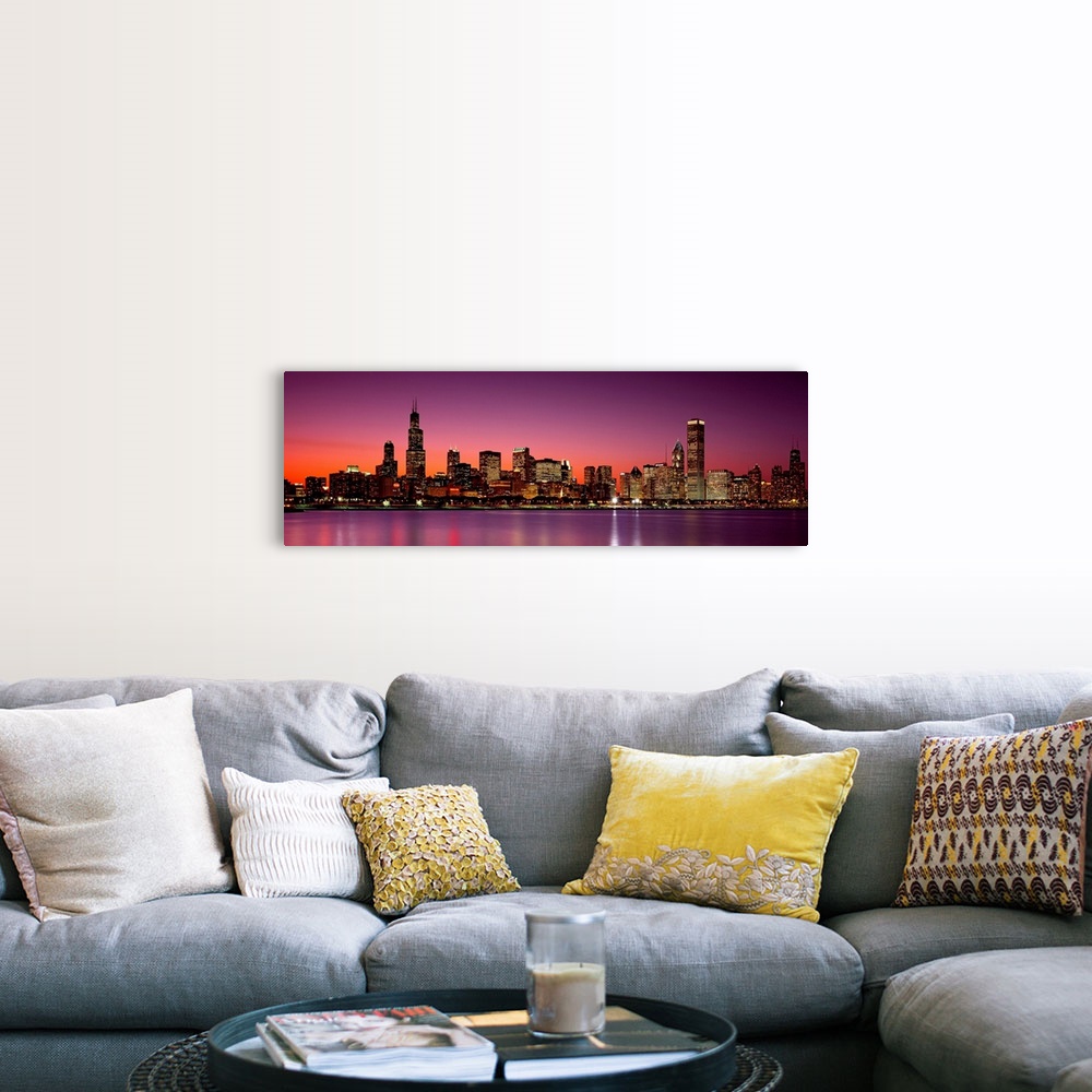 A farmhouse room featuring Panoramic photograph of the busy skyline taken at dusk in Chicago, Illinois.  The bright lights c...