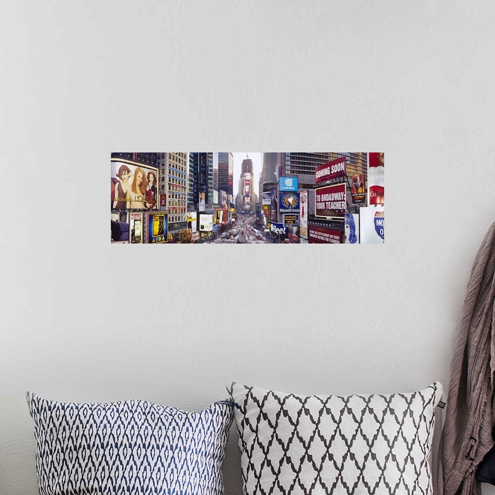 A bohemian room featuring Panoramic photograph of a long angle street view of the "Big Apple."  The busy street is filled w...