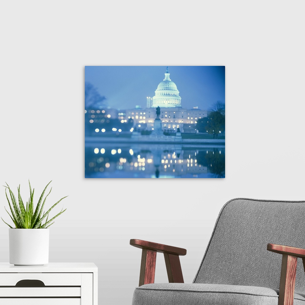 A modern room featuring Large photograph of the front of the United States Capitol Building in Washington, D.C. Everythin...