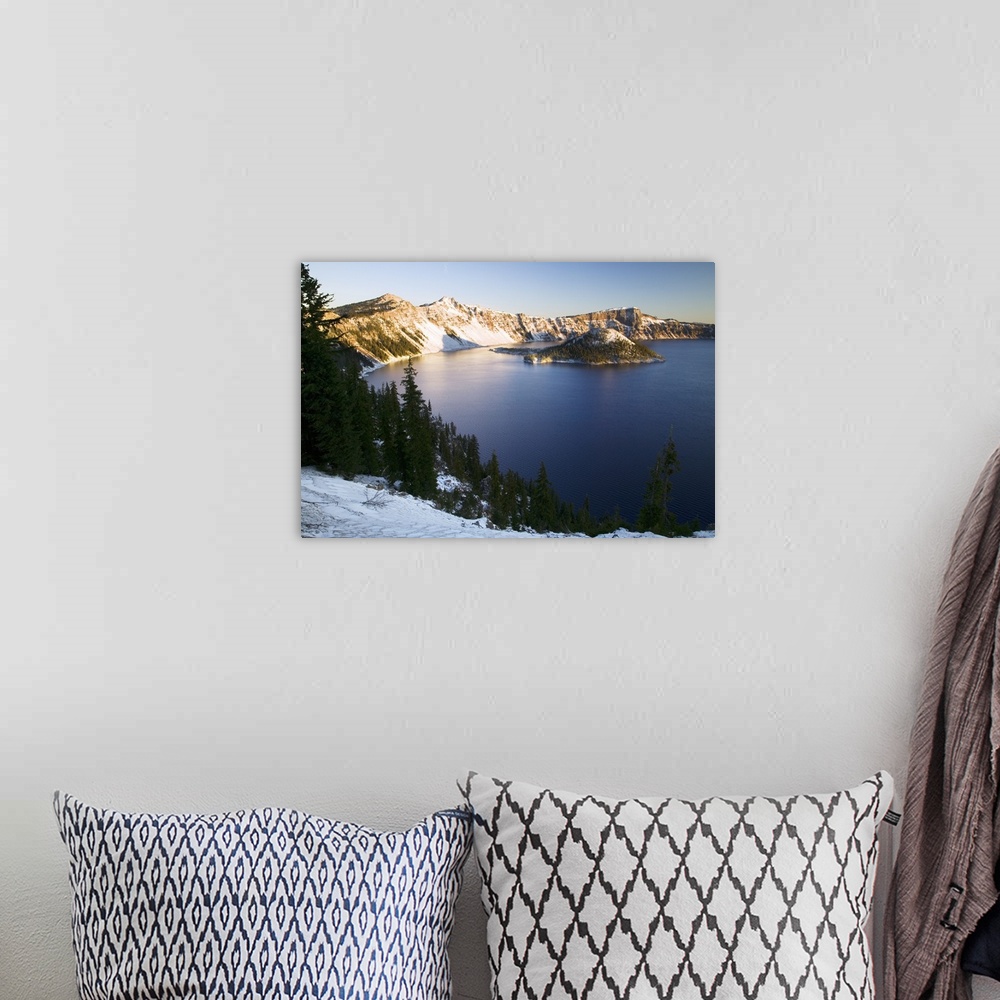 A bohemian room featuring Dusting of snow over Crater Lake and Wizard Island, Crater Lake National Park, Oregon
