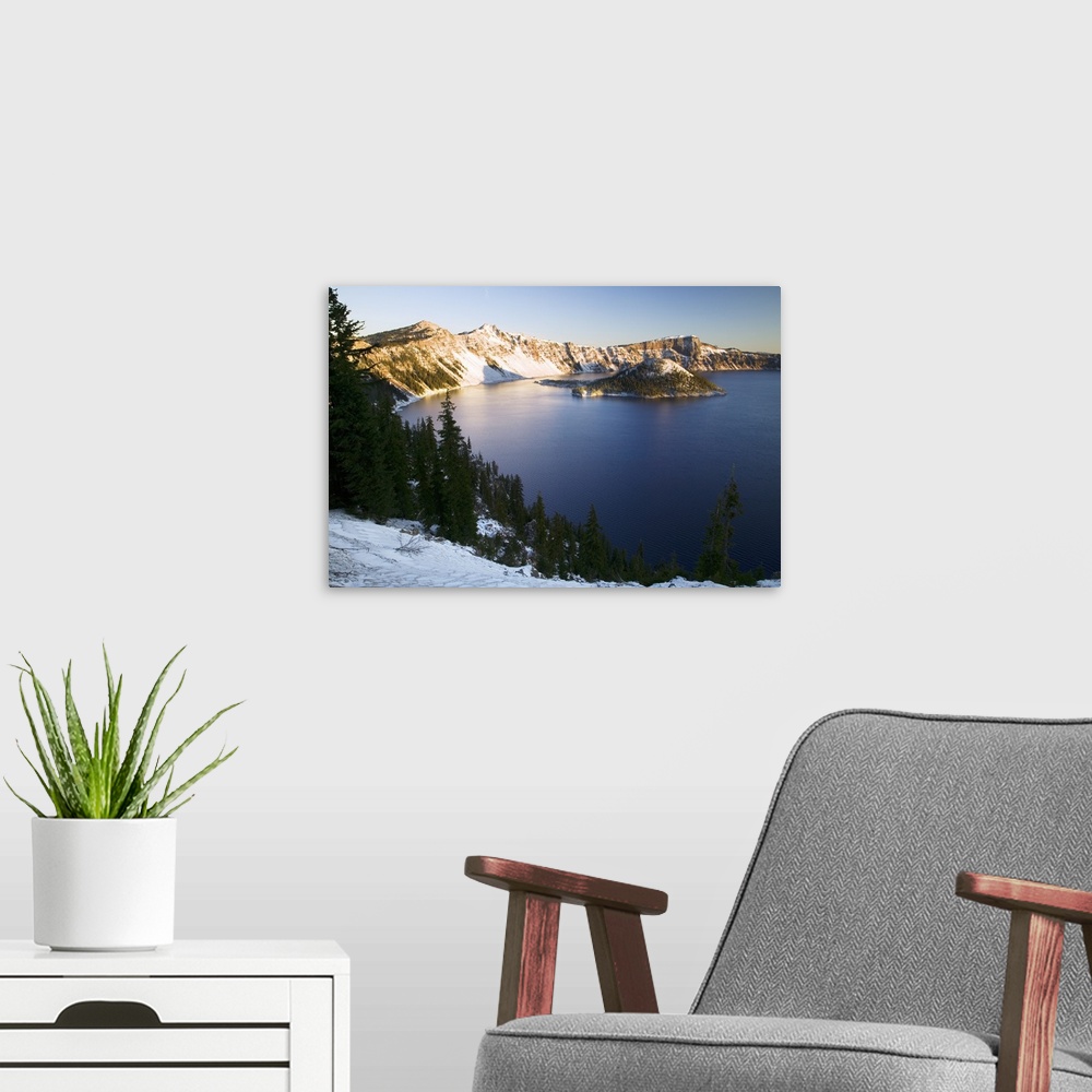 A modern room featuring Dusting of snow over Crater Lake and Wizard Island, Crater Lake National Park, Oregon