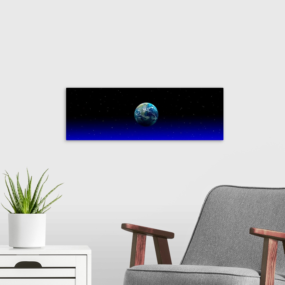 A modern room featuring Earth in Space with Blue Mist (Photo Illustration)