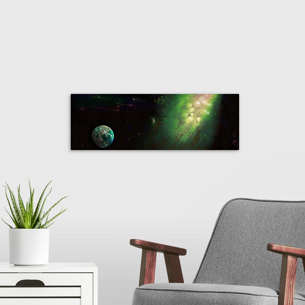 A modern room featuring Earth in Space with Nebula (Photo Illustration)